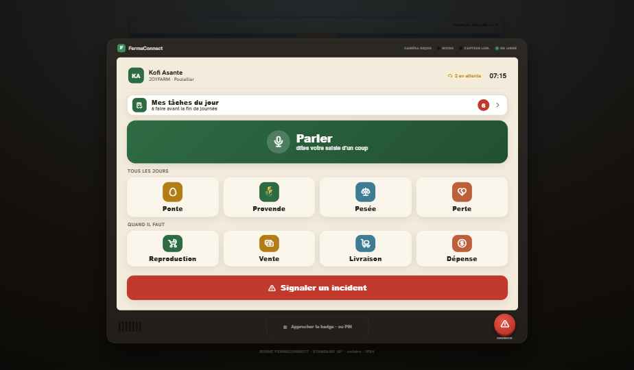 Borne FermeConnect en mode kiosque, posée au cœur de la ferme